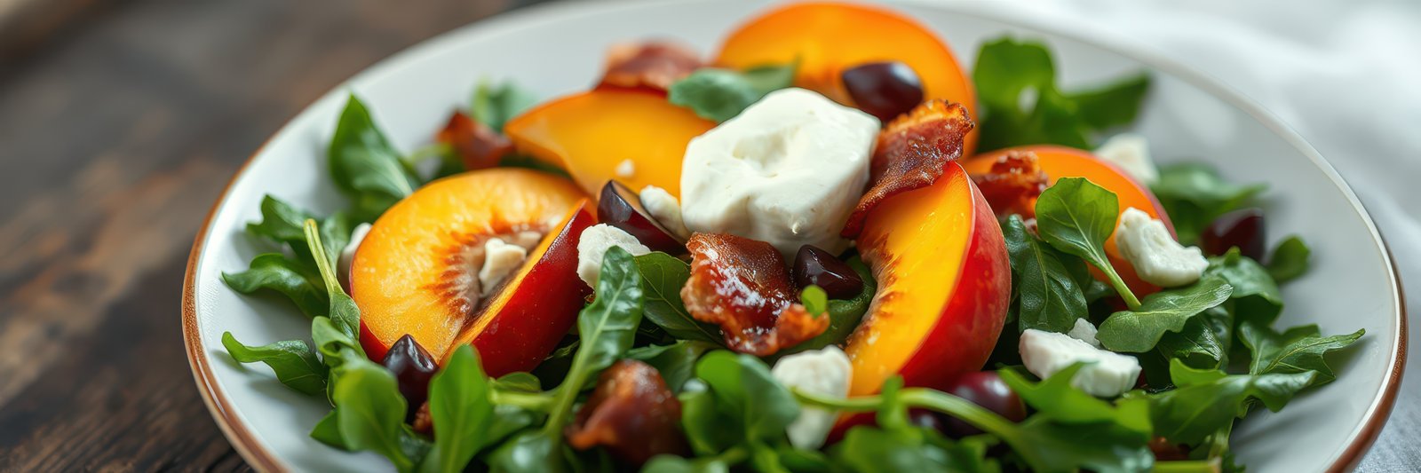 Fresh salad featuring peaches, greens, and creamy cheese prepared for a summer lunch